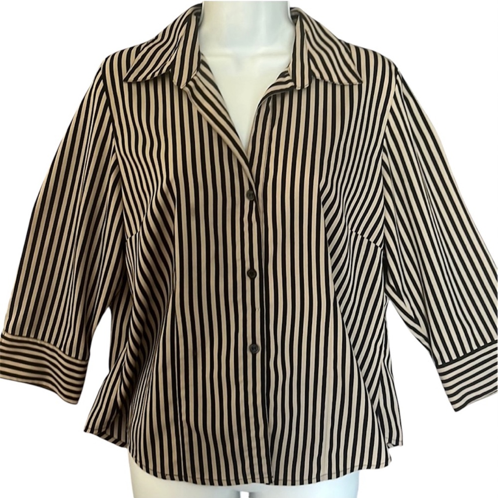 NOTATIONS  collared neck tan and black striped‎ blouse Vintage